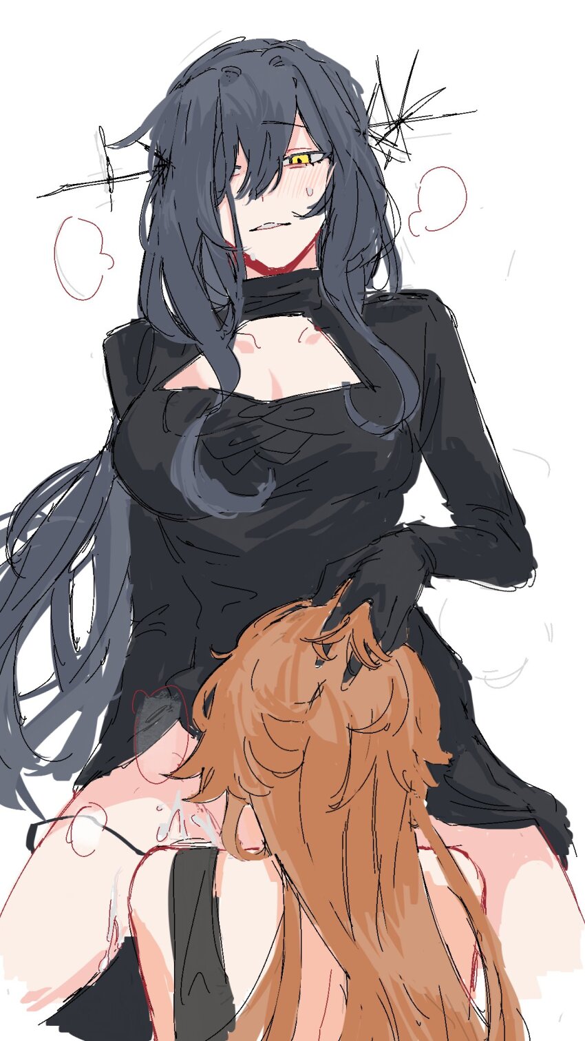 2girls arcana_(reverse:1999) black_dress black_gloves black_hair black_panties blush breasts cleavage_cutout clothing_cutout commentary cunnilingus dress druvis_iii dulinfang0503 elbow_gloves english_commentary gloves hair_over_one_eye hand_on_another&#039;s_head heavy_breathing highres implied_cunnilingus large_breasts long_hair multiple_girls oral orange_hair panties panty_pull parted_lips pussy_juice reverse:1999 simple_background smile sweatdrop underwear white_background yellow_eyes yuri