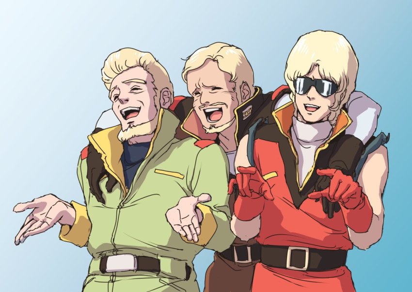 3boys beard blex_forer blonde_hair char_aznable facial_hair gloves gradient_background gundam henken_bekkener laughing male_focus multiple_boys mustache open_hands open_mouth quattro_bajeena red_gloves sunglasses teikoku_jokyoku zeta_gundam