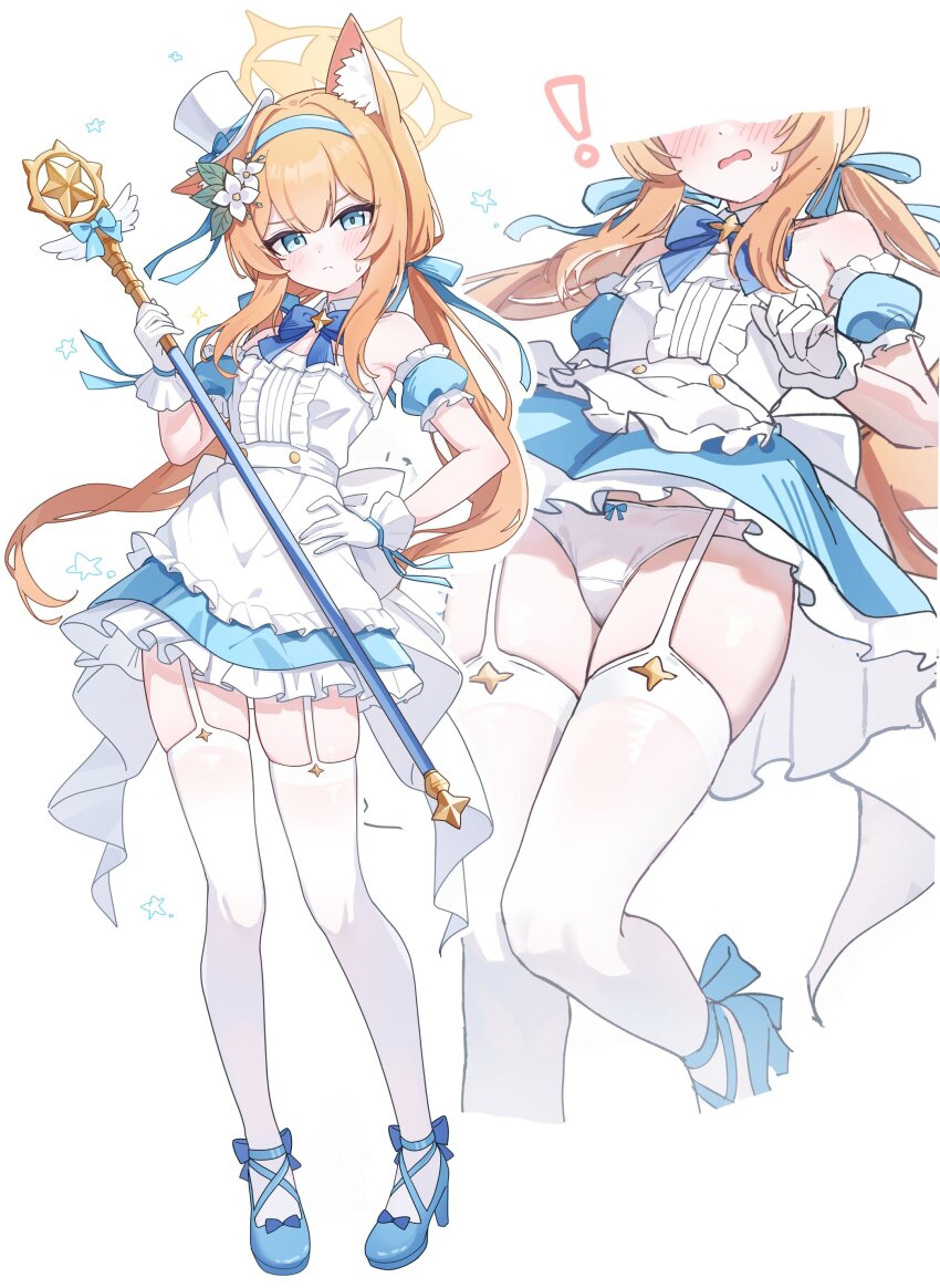 ! &gt;:( 1girl absurdres alternate_costume alternate_hairstyle arm_scrunchie bare_shoulders blue_archive blue_bow blue_bowtie blue_dress blue_eyes blue_headband blue_ribbon blue_shoes blush bow bowtie center_frills closed_mouth collar commentary detached_collar detached_sleeves dress embarrassed floating_hair flower footwear_bow frilled_dress frilled_sleeves frills frown full_body furrowed_brow garter_straps gloves hair_bow hair_flower hair_ornament halo hand_on_own_hip hand_up hat headband high_heels highres holding holding_staff long_hair looking_at_viewer low_twintails magical_girl mari_(blue_archive) mini_hat mini_top_hat multiple_views nonddu orange_hair panties panty_peek parted_lips ribbon shoes short_sleeves simple_background skindentation split_mouth staff standing star_(symbol) sweatdrop symbol-only_commentary tachi-e thigh_strap thighhighs top_hat twintails two-tone_dress underwear v-shaped_eyebrows very_long_hair white_background white_collar white_dress white_flower white_gloves white_hat white_panties white_ribbon white_thighhighs yellow_halo zettai_ryouiki