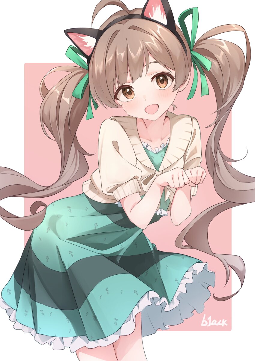 1girl absurdres ahoge animal_ear_hairband animal_ears artist_name b1ack_illust black_hairband blunt_bangs blush border breasts brown_eyes brown_hair cardigan cat_ear_hairband cat_ears collarbone cowboy_shot dot_nose dress eyelashes fake_animal_ears frilled_dress frills green_dress green_ribbon hair_ribbon hairband hakozaki_serika highres idolmaster idolmaster_million_live! idolmaster_million_live!_theater_days leaning_forward long_hair looking_at_viewer open_mouth outside_border parted_bangs paw_pose pink_background puffy_short_sleeves puffy_sleeves ribbon short_sleeves sidelocks small_breasts smile solo twintails very_long_hair wavy_hair white_border white_cardigan