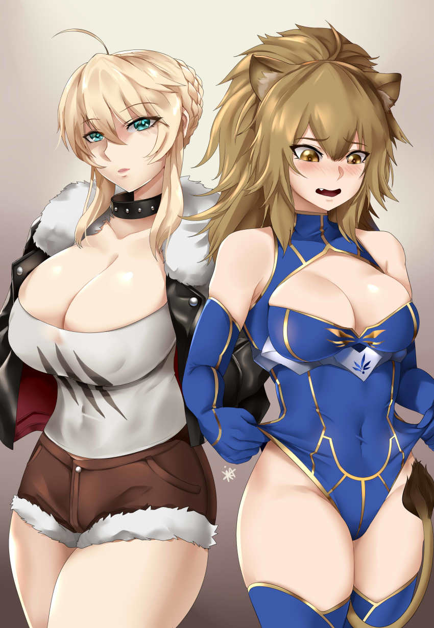 2girls absurdres ahoge animal_ear_fluff animal_ears arknights artoria_pendragon_(fate) artoria_pendragon_(lancer)_(fate) artoria_pendragon_(lancer)_(fate)_(cosplay) bare_shoulders black_collar black_jacket blonde_hair blue_gloves blue_leotard blue_thighhighs blush braid breasts brown_eyes brown_hair brown_shorts cleavage cleavage_cutout clothing_cutout collar collarbone commentary cosplay costume_switch covered_navel cowboy_shot elbow_gloves embarrassed fang fate_(series) female_focus fur-trimmed_jacket fur-trimmed_shorts fur_trim gloves green_eyes grey_background groin hair_between_eyes heattech_leotard highres jacket kawasumi_ayako large_breasts leotard lion_ears long_hair looking_at_viewer matching_hair/eyes multiple_girls nose_blush open_clothes open_jacket open_mouth parted_lips shirt short_shorts shorts sidelocks siege_(arknights) siege_(arknights)_(cosplay) standing t-shirt thick_thighs thighhighs thighs turtleneck voice_actor_connection white_shirt xkit