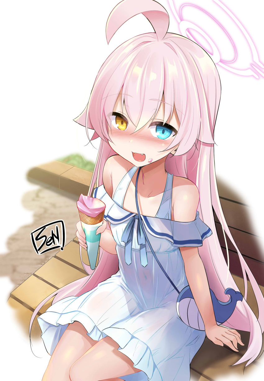 1girl absurdres ahoge blue_archive blue_eyes blush breasts dress food halo highres holding hoshino_(blue_archive) ice_cream long_hair looking_at_viewer open_mouth pink_hair pink_halo sen_(astronomy) simple_background sitting solo white_dress yellow_eyes