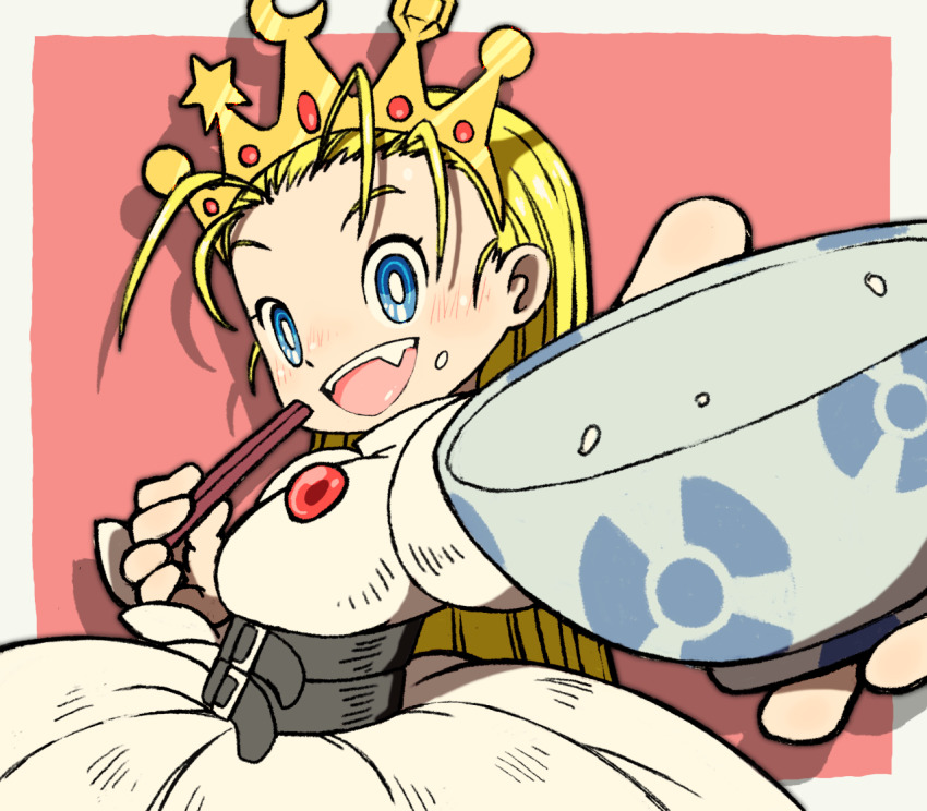 1girl :d beeru_(veil8801) belt belt_buckle black_belt blonde_hair blue_eyes bowl bright_pupils buckle cyberbots devilot_de_deathsatan_ix dress drop_shadow fang food food_on_face gem gold_tiara holding holding_bowl long_hair open_mouth red_brooch red_gemstone rice rice_bowl rice_on_face smile solo teeth tiara upper_teeth_only white_dress white_pupils