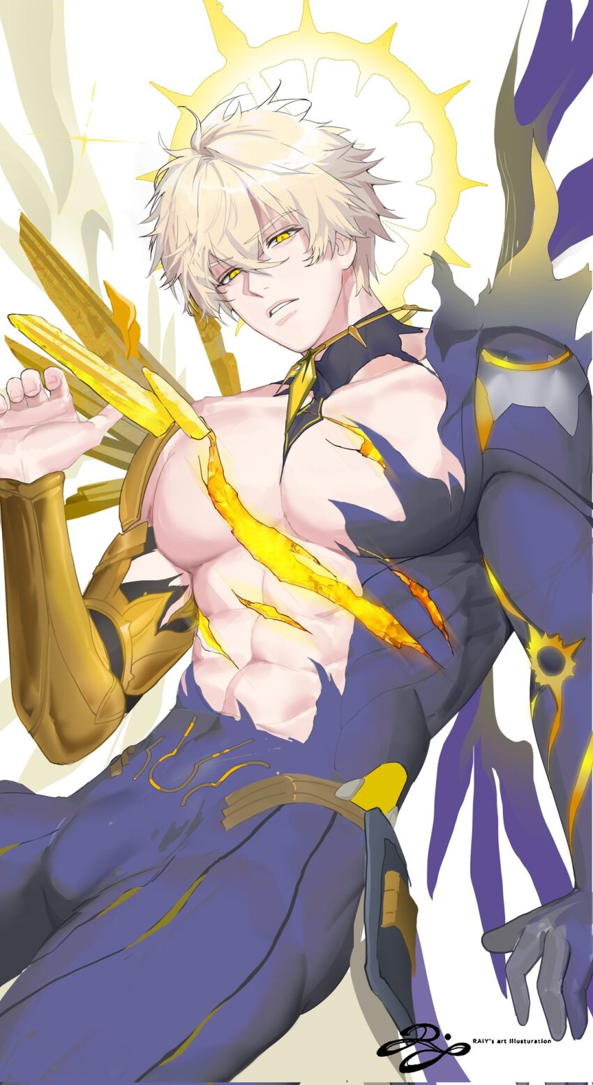 1boy abs alternate_form asymmetrical_wings bare_pectorals black_shirt black_wings blonde_hair bulge chinese_commentary commentary commentary_request cowboy_shot cracked_skin english_commentary hair_between_eyes halo halo_behind_head highres honkai:_star_rail honkai_(series) large_pectorals looking_at_viewer male_focus material_growth mixed-language_commentary muscular muscular_male pectorals phainon_(honkai:_star_rail) rai11iy shirt short_hair simple_background solo torn_clothes torn_shirt white_background wings yellow_blood yellow_eyes yellow_wings