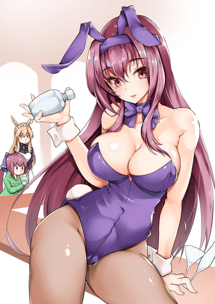 3girls alternate_costume animal_ears apron blonde_hair bow bowtie breasts champagne_flute cleavage cocktail_glass covered_navel cup detached_collar drinking drinking_glass drinking_straw enmaided fake_animal_ears fate/grand_order fate_(series) food hair_between_eyes head_wings high_heels highres ice_cream leotard long_hair maid maid_apron maid_headdress multiple_girls official_alternate_costume pantyhose parted_lips playboy_bunny ponytail purple_hair rabbit_ears rabbit_tail red_eyes scathach_(fate) scathach_(piercing_bunny)_(fate) scathach_skadi_(fate) sezok shaker smile strapless strapless_leotard sweater tail thrud_(fate) valkyrie_(fate) wings wrist_cuffs