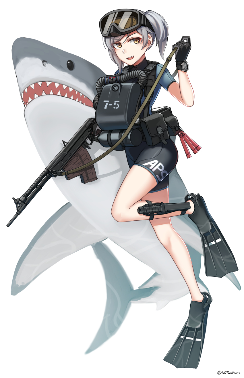 1girl :d absurdres animal aps_rifle_(girls&#039;_frontline)_(ndtwofives) aps_underwater_rifle assault_rifle black_gloves bodysuit brown_eyes co2_injection_knife co2_injection_weapon commentary_request diving_suit flippers full_body girls&#039;_frontline gloves goggles goggles_on_head grey_hair gun hand_up highres holding holding_gun holding_strap holding_weapon knife long_rifle looking_at_viewer ndtwofives needlegun open_mouth original rifle shark short_sleeves side_ponytail sidearm simple_background smile solo toz_(tulsky_oruzheiny_zavod) tsniitochmash tula_arms_plant twitter_username underwater_firearm underwater_magazine wasp_injection_knife watch weapon wetsuit white_background wristwatch