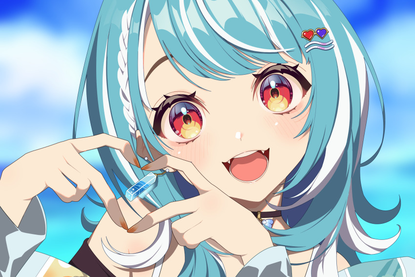 1girl four-finger_heart_hands blue_hair braid choker earrings fangs hair_ornament hairpin heart heart_hair_ornament heart_hands highres jewelry looking_at_viewer multicolored_hair nail_polish off_shoulder omas_lie open_mouth orange_eyes parted_bangs portrait shiranami_ramune single_earring solo streaked_hair virtual_youtuber vspo!