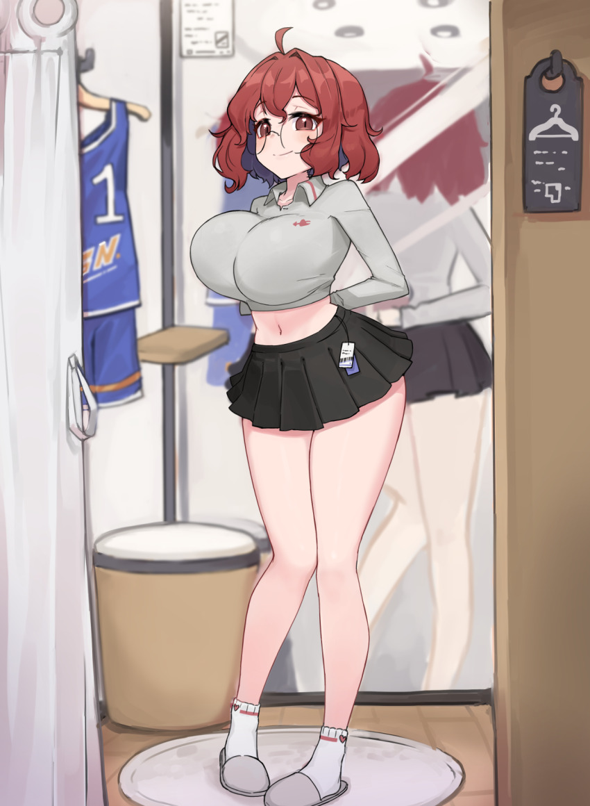 1girl ahoge arms_behind_back black_skirt breasts collared_shirt colored_inner_hair cornerius crop_top glasses grey_shirt highres large_breasts long_sleeves looking_at_viewer midriff miniskirt multicolored_hair navel original pleated_skirt red_hair reflection round_eyewear shirt short_hair skirt slippers socks solo standing thighs white_socks