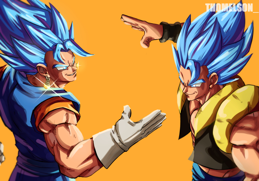 2boys artist_name black_vest blue_eyes blue_hair blue_pants blue_sash blue_shirt cropped_vest dougi dragon_ball dragon_ball_super dragon_ball_super_broly earrings gogeta highres jewelry male_focus marvel_vs._capcom medium_hair metamoran_vest multiple_boys muscular muscular_male open_clothes open_vest orange_background orange_shirt pants potara_earrings sash shirt simple_background smirk spiked_hair thomelson upper_body vegetto vest x-men_vs._street_fighter