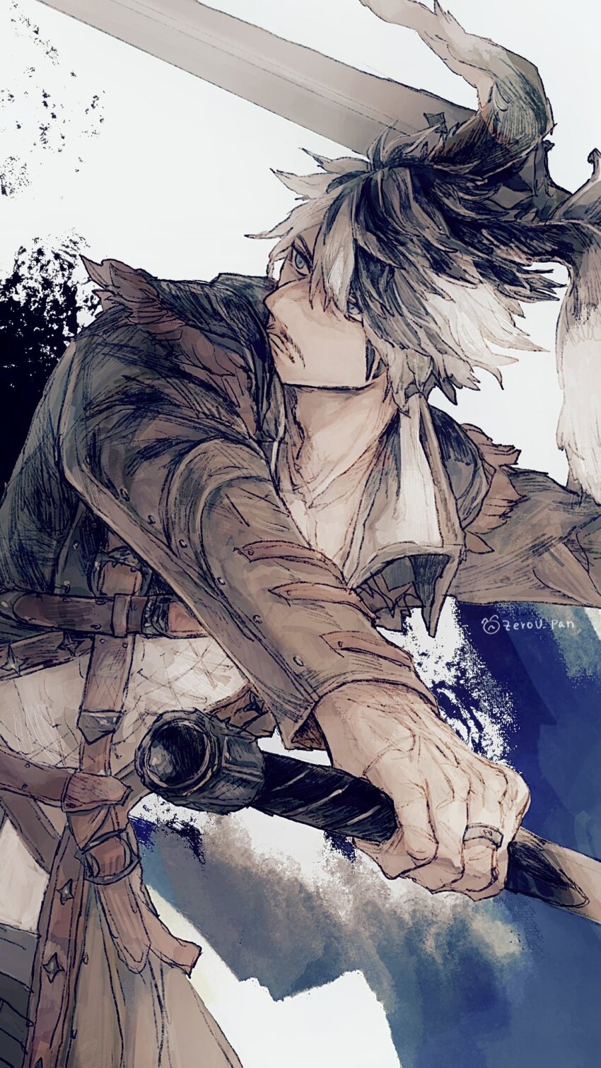 1boy battle character_request dual_wielding facial_hair final_fantasy final_fantasy_xiv highres holding holding_sword holding_weapon jewelry leather_belt looking_to_the_side male_focus mustache ring simple_background solo sword twitter_username weapon white_background zerou_pan