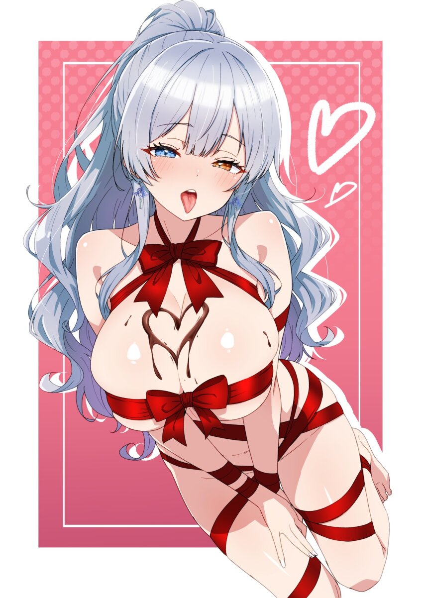 1girl blue_eyes blue_hair breasts brown_eyes chocolate chocolate_on_body chocolate_on_breasts commentary_request food_on_body heart heterochromia highres kamidan large_breasts long_hair looking_at_viewer naked_ribbon open_mouth original ponytail red_ribbon ribbon solo tongue tongue_out