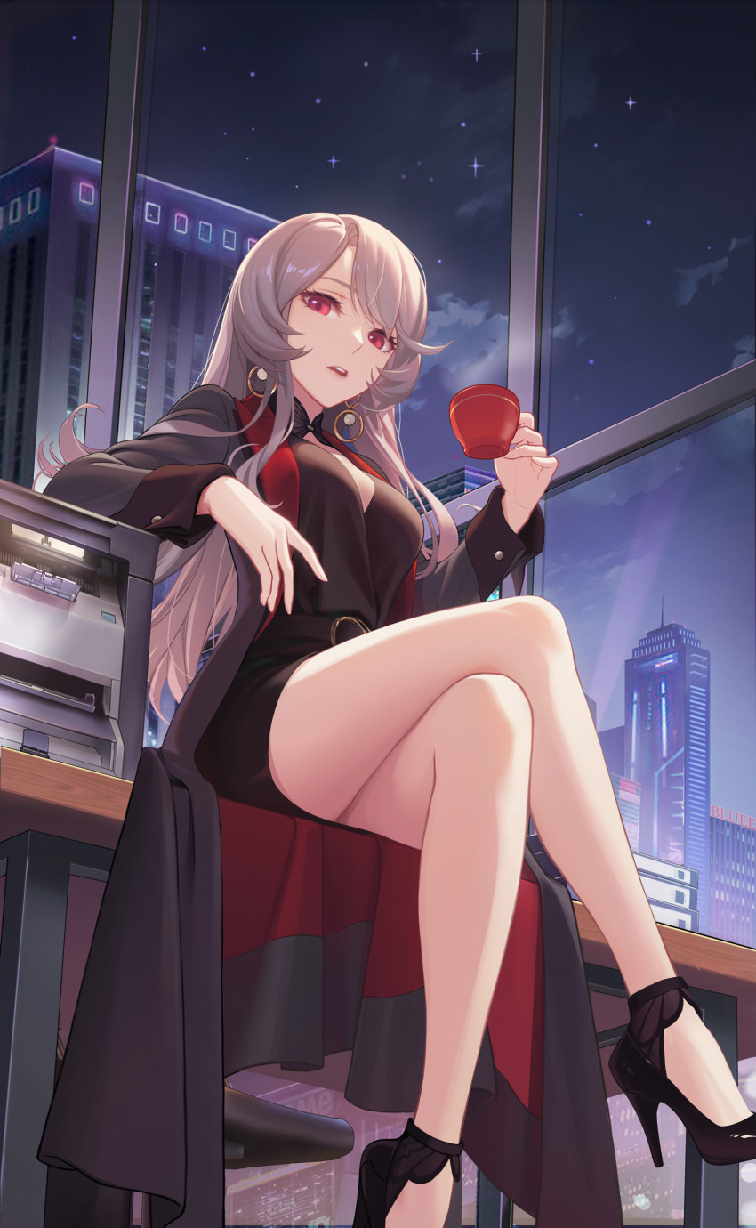 1girl absurdres black_coat black_dress city coat crazy_ones cup dress earrings from_below high_heels highres holding holding_cup jewelry long_hair official_art red_eyes short_dress sitting solo stiletto_heels window xia_bing_(crazy_ones)