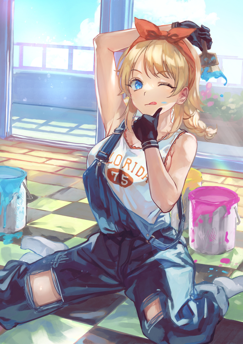 1girl ;p arm_behind_head armpit_crease armpits balcony black_gloves blonde_hair blue_eyes blue_overalls bow_hairband braid breasts cleavage clothes_writing day english_text gloves hachimiya_meguru hairband highres holding holding_paintbrush idolmaster idolmaster_shiny_colors large_breasts light_particles light_rays low_twin_braids medium_hair one_eye_closed orange_hairband otsudou overalls paint_can paint_splatter paint_splatter_on_face paintbrush plant potted_plant railing sitting sliding_doors socks solo strap_slip sunbeam sunlight swept_bangs tank_top thumbs_up tile_floor tiles tongue tongue_out torn_clothes twin_braids wariza white_socks white_tank_top window