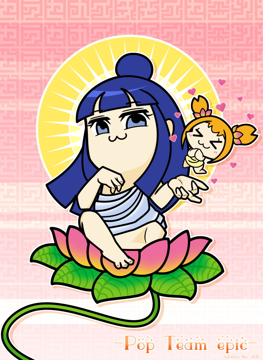 &gt;_&lt; 2girls :3 barefoot blonde_hair blue_eyes blue_hair commentary_request copyright_name flower hair_bun halo halo_behind_head heart highres long_hair looking_at_viewer multiple_girls no_nose pink_background pink_flower pipimi poptepipic popuko rokuten_mao short_hair short_twintails single_hair_bun sitting toga twintails