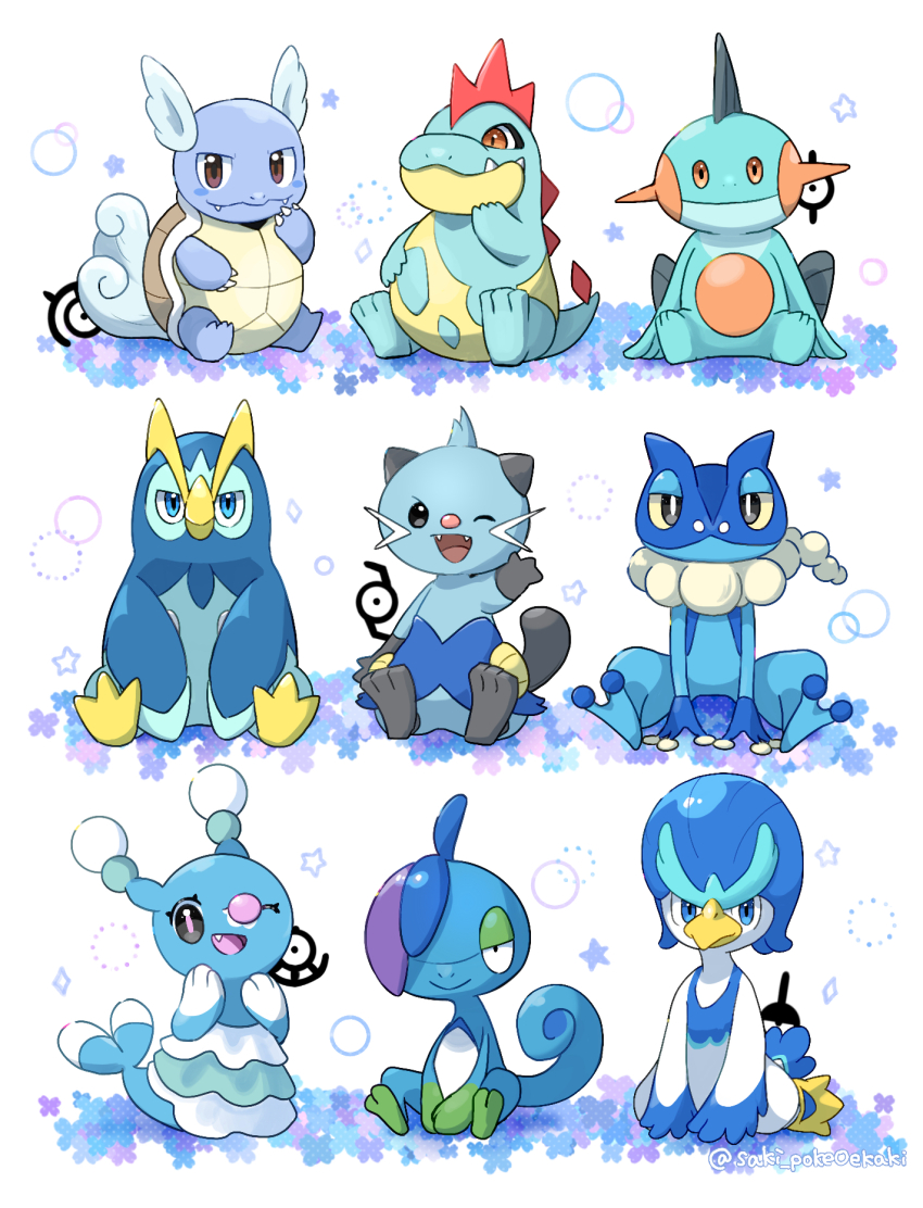 ;d animal_focus blue_eyes brionne brown_eyes closed_mouth croconaw dewott drizzile fang fangs frogadier gen_1_pokemon gen_2_pokemon gen_3_pokemon gen_4_pokemon gen_5_pokemon gen_6_pokemon gen_7_pokemon gen_8_pokemon half-closed_eyes highres looking_at_viewer marshtomp nintendo no_humans one_eye_closed open_mouth orange_eyes pokemon pokemon_(creature) prinplup quaxwell red_eyes saki_pokeoekaki simple_background sitting smile unown unown_! unown_i unown_m unown_u unown_z wartortle waving white_background