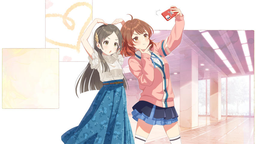 2girls arms_up belt brown_eyes brown_hair cardigan cellphone floral_print forehead gakuen_idolmaster game_cg hair_ornament hanami_ume heart high-waist_skirt highres holding idolmaster kuramoto_china layered_skirt long_skirt multicolored_hair multiple_girls neck_ribbon official_art open_mouth phone pillar pink_cardigan red_hair ribbon school_uniform selfie shirt skirt smartphone thighhighs white_shirt white_thighhighs