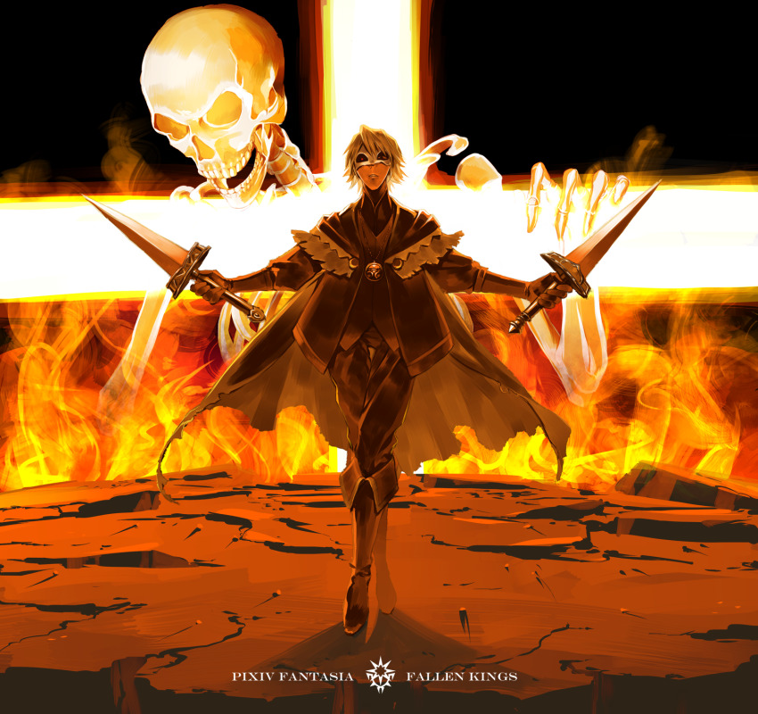 1boy blonde_hair boots cape copyright_name dark_background dual_wielding fire full_body highres holding holding_sword holding_weapon male_focus mask otani_(gloria) pixiv_fantasia pixiv_fantasia_fallen_kings skeleton solo standing sword toma_(pffk) weapon