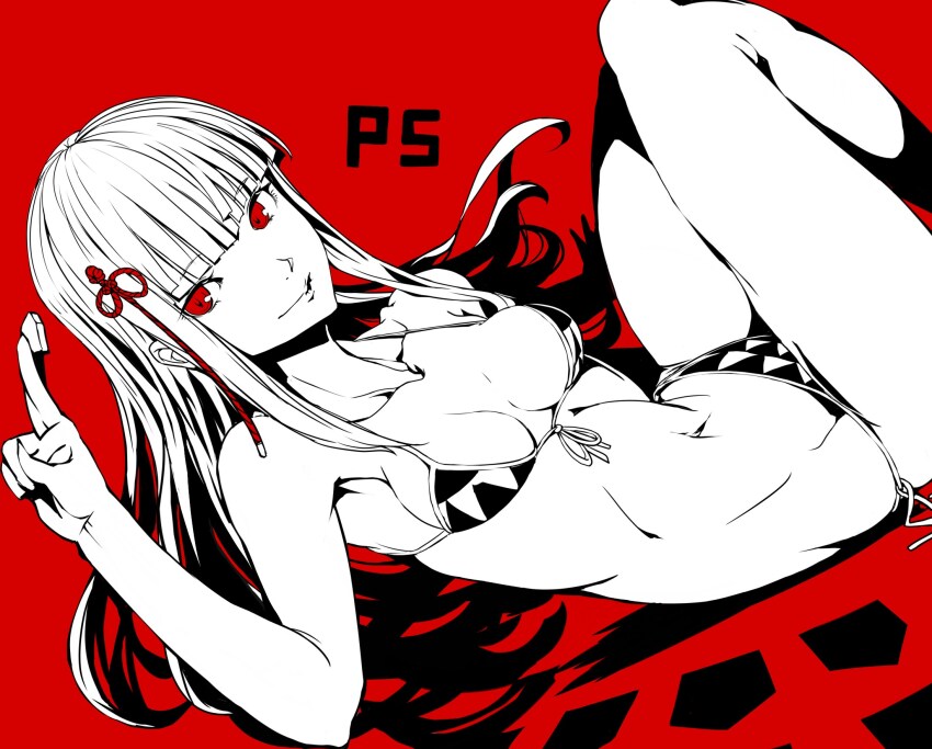 1girl armpits bikini black_bikini breasts breasts_apart front-tie_bikini_top front-tie_top highres hime_cut holding_shogi_piece lying medium_breasts navel persona persona_5 red_eyes shogi_piece side-tie_bikini_bottom solo stomach swimsuit tagaya6592 thighs tougou_hifumi triangle_print white_bikini
