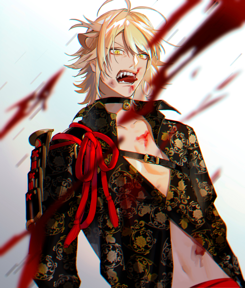 1boy animal_ears antenna_hair armor blonde_hair blood breasts choker commentary extra_ears fangs highres jacket japanese_armor japanese_clothes long_sleeves looking_at_viewer pectoral_cleavage male_focus medium_hair nansen_ichimonji navel open_mouth pectorals shoulder_armor sidelocks simple_background solo stomach teeth tongue tongue_out touken_ranbu upper_body vient yellow_eyes