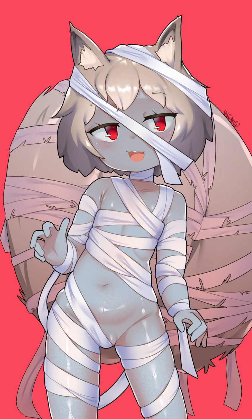 1girl animal_ears arknights bandages brown_eyes colored_skin commentary cowboy_shot cuddz english_commentary flat_chest grey_hair grey_skin halloween_costume highres loli mummy_costume naked_bandage navel open_mouth red_background red_eyes shaw_(arknights) short_hair simple_background solo squirrel_ears squirrel_girl squirrel_tail tail teeth upper_teeth_only