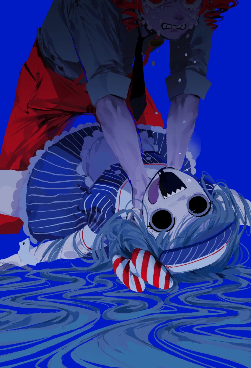 2girls absurdres apron aqua_hair black_blood black_eyes black_mouth blood bloody_tears blue_background blue_dress blue_theme bow clenched_teeth crying crying_with_eyes_open despair desperation dilated_pupils dress drill_hair dstpan empty_eyes frilled_apron frilled_dress frills hatsune_miku head_out_of_frame highres hollow_eyes hollow_mouth implied_death implied_murder kasane_teto long_hair lying medium_hair mesmerizer_(vocaloid) multiple_girls necktie on_back ooze open_mouth overalls pale_skin pinstripe_dress pinstripe_hat pinstripe_pattern red_bow red_eyes red_hair red_overalls shaded_face sharp_teeth short_dress short_sleeves sleeves_rolled_up smile strangling streaming_tears striped_bow striped_clothes striped_dress tears teeth tongue tongue_out twin_drills twintails vertical-striped_clothes vertical-striped_dress very_long_hair visor_cap vocaloid waist_apron white_apron wrist_cuffs
