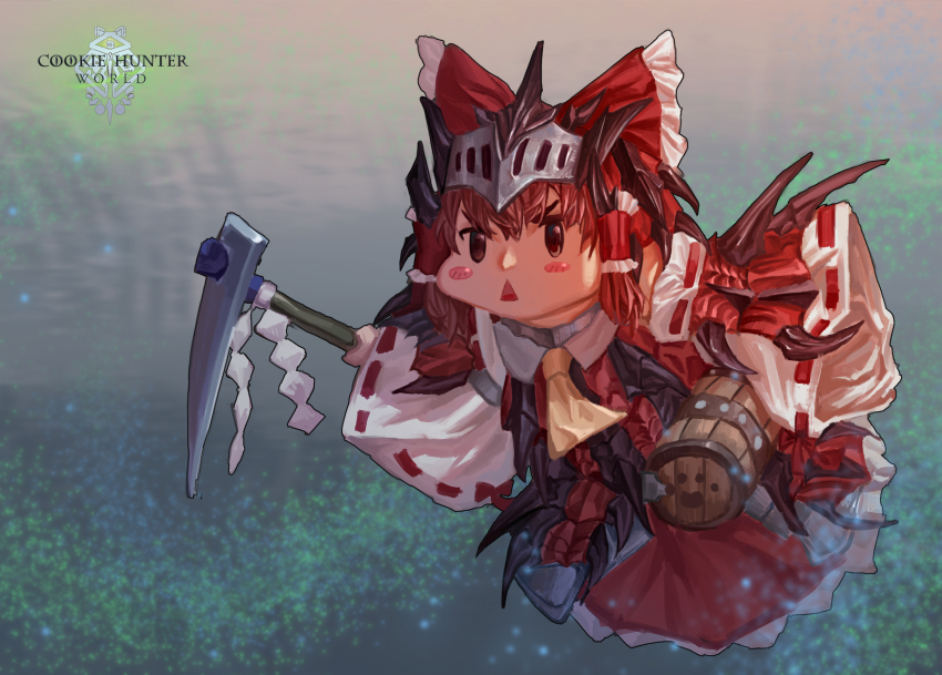 1girl angry armor ascot bare_shoulders barrel blush_stickers bow breastplate brown_eyes brown_hair chibi collared_shirt commentary_request cookie_(touhou) copyright_name d_tomoki detached_sleeves frilled_bow frilled_skirt frills gauntlets gohei hair_between_eyes hair_bow hair_tubes hakurei_reimu helmet highres holding medium_hair monster_hunter:_world monster_hunter_(series) nontraditional_miko paw_print pickaxe rathalos_(armor) red_bow red_shirt red_skirt ribbon-trimmed_sleeves ribbon_trim sakenomi_(cookie) shirt sidelocks skirt skirt_set sleeveless sleeveless_shirt solo touhou triangle_mouth yellow_ascot
