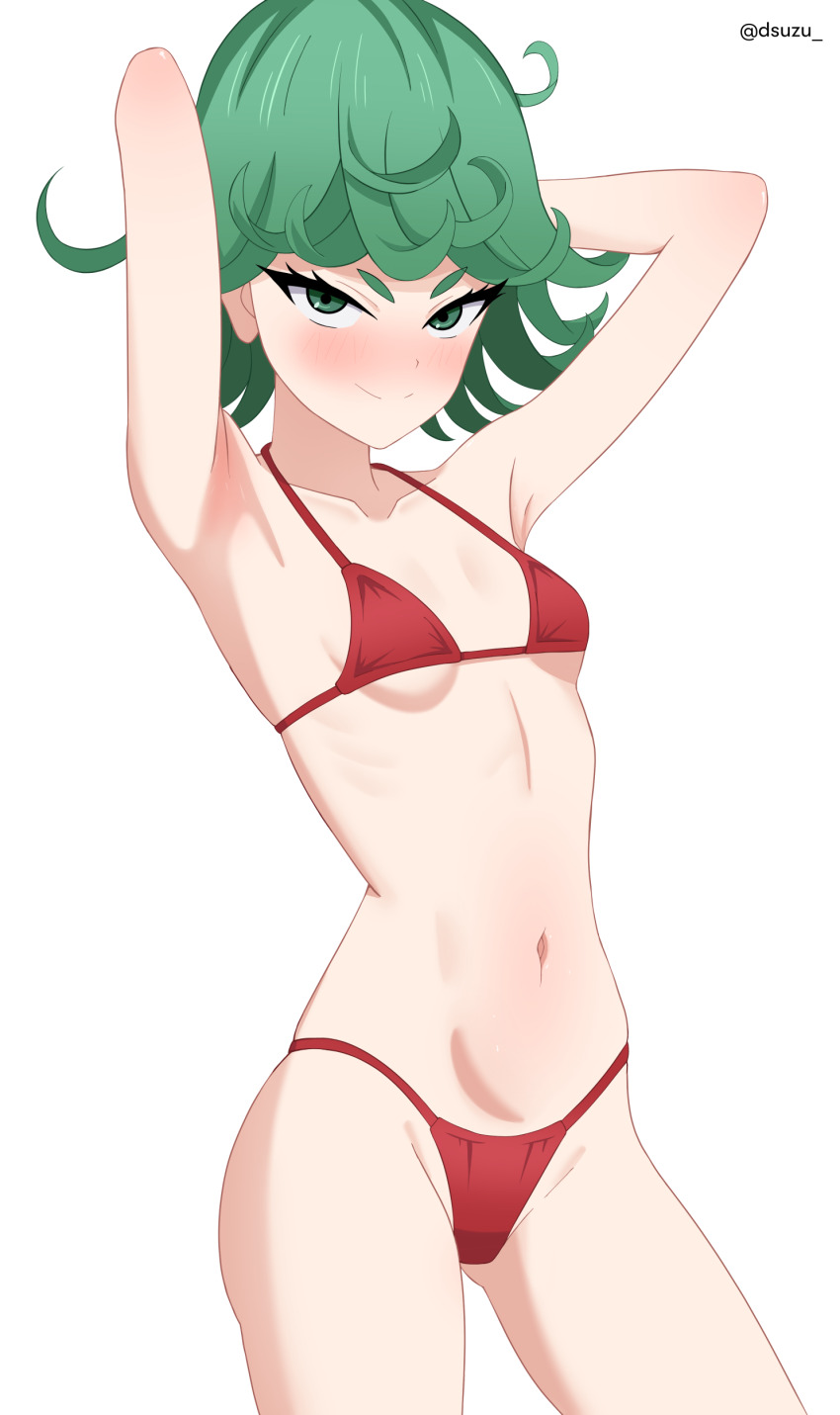 1girl absurdres alternate_costume arm_behind_head armpits artist_name bikini blush breasts closed_mouth cowboy_shot dsuzu green_hair groin highres navel one-punch_man red_bikini short_hair simple_background small_breasts smile solo swimsuit tatsumaki white_background