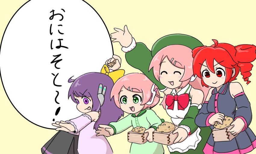 5girls :p ^_^ apron arm_up beans beret black_skirt black_sleeves blush bow bowtie box closed_eyes closed_mouth collared_dress cowboy_shot detached_sleeves dress drill_hair green_dress green_eyes green_headwear green_sleeves hair_ornament hairclip hat holding holding_box kasane_teto kasane_teto_(utau) lineup long_hair looking_ahead mamemaki masu momone_momo momone_sumomo multiple_girls open_mouth pink_dress pink_hair pleated_skirt purple_dress purple_eyes purple_hair purple_sleeves raised_eyebrows red_bow red_bowtie red_eyes red_hair robot_ears saruyama_ushirou setsubun short_hair simple_background skirt sleeveless sleeveless_dress smile smirk speech_bubble standing swept_bangs tongue tongue_out translated twin_drills utane_oto utane_uta utau white_apron yellow_background