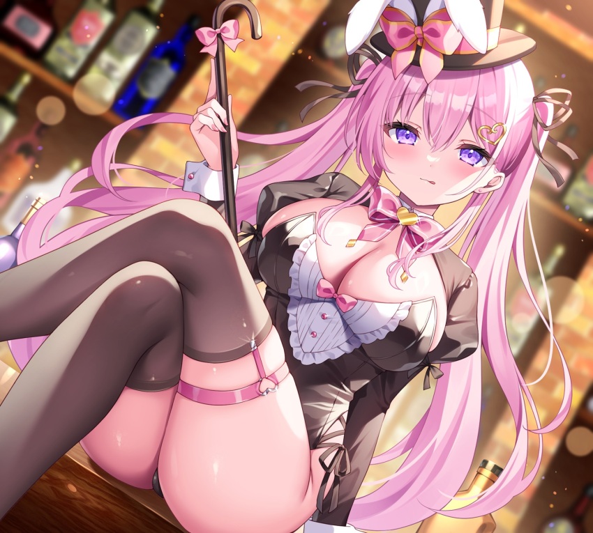 1girl :q animal_ears black_hat black_leotard bow bowtie breasts brown_thighhighs cane cleavage closed_mouth crossed_legs dutch_angle fake_animal_ears hat highres holding juliet_sleeves large_breasts leotard long_hair long_sleeves looking_at_viewer original pink_hair playboy_bunny puffy_sleeves purple_eyes rabbit_ears shiono_(0303) shrug_(clothing) sitting skindentation smile solo strapless strapless_leotard thigh_strap thighhighs thighs tongue tongue_out top_hat twintails very_long_hair wrist_cuffs