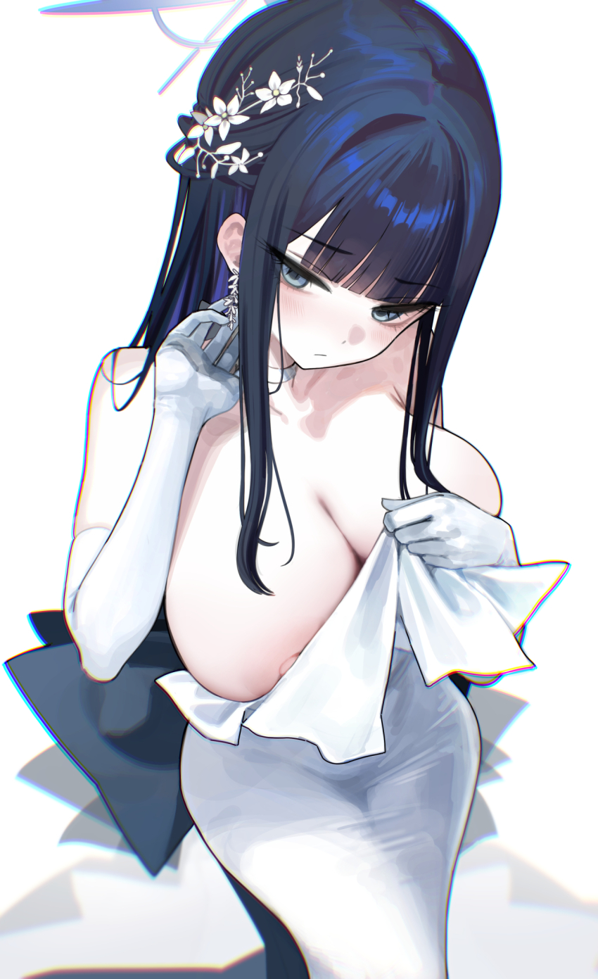 1girl bare_shoulders black_hair blue_archive blue_eyes blue_hair blue_halo breasts choker cleavage closed_mouth collarbone dress earrings elbow_gloves flower from_above gloves hair_flower hair_ornament halo highres jewelry large_breasts mirei multicolored_hair nipple_stimulation saori_(blue_archive) saori_(dress)_(blue_archive) sitting solo two-tone_hair white_choker white_dress white_gloves