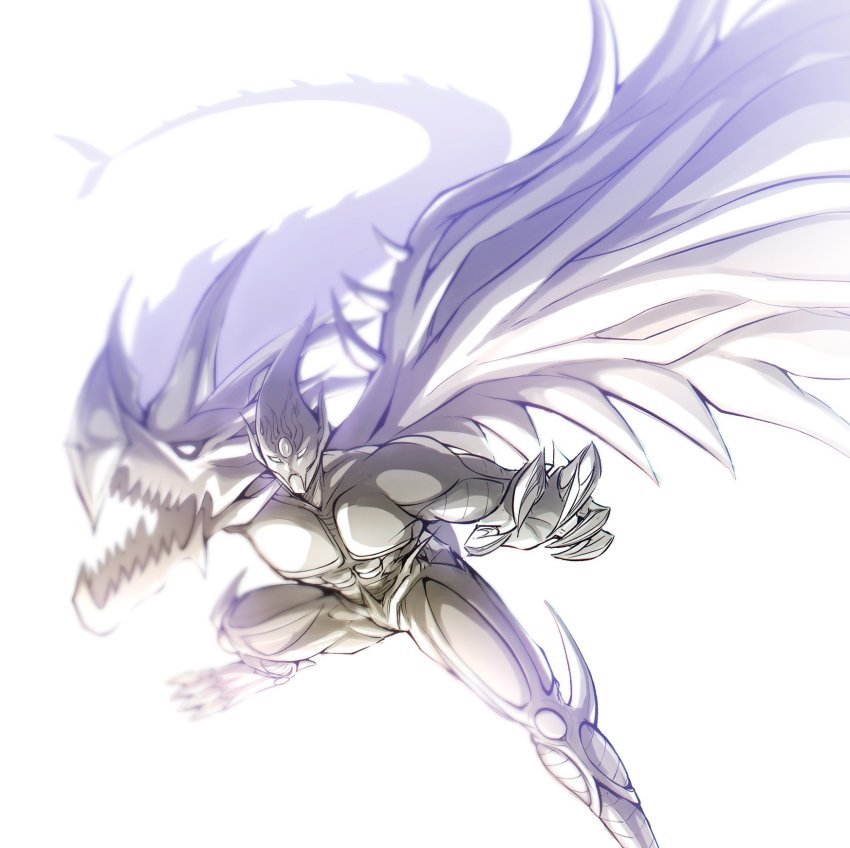 1boy blurry claws commentary depth_of_field dragon duel_monster elemental_hero_flame_wingman feathered_wings foreshortening greyscale highres kiryu_(sora_no_iroto) looking_at_viewer monochrome simple_background single_wing solo white_background wings yu-gi-oh! yu-gi-oh!_gx