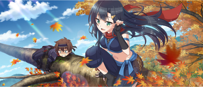 1boy 1girl autumn_leaves black_gloves black_hair blue_pants breasts elbow_gloves fingerless_gloves game_cg gloves green_eyes hair_ornament hairclip highres kono_subarashii_sekai_ni_shukufuku_wo! konosuba!_fantastic_days leaf lia_(konosuba) light_blush long_hair maple_leaf medium_breasts navel ninja official_art on_tree outdoors pants red_scarf satou_kazuma scarf tree