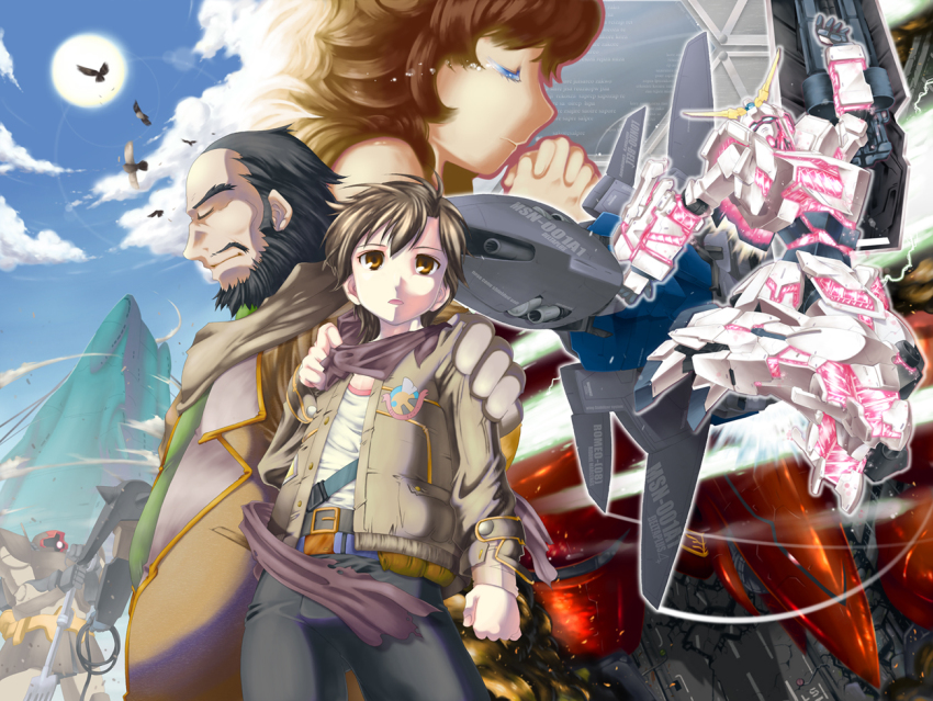audrey_burne banagher_links beard bird black_hair brown_hair cloud delta_plus dowadge closed_eyes facial_hair garancieres gundam gundam_unicorn mecha mineva_lao_zabi nt-d robot shamblo sky suberoa_zinnerman sun tears unicorn_gundam