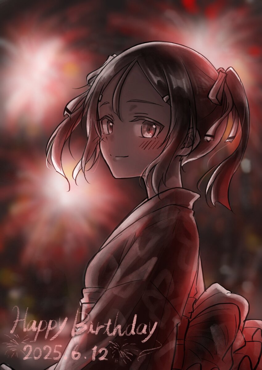 1girl aerial_fireworks birthday black_hair blurry blurry_background blush brown_eyes brown_hair closed_mouth dated depth_of_field eda_udon english_text fireworks floral_print from_side hair_between_eyes hair_ornament hair_ribbon hairclip happy_birthday highres japanese_clothes kimono long_hair long_sleeves looking_at_viewer looking_to_the_side miyoshi_karin monochrome night obi outdoors parted_bangs print_kimono red_eyes red_theme ribbon sash short_hair sidelocks smile solo sparkler spot_color twintails upper_body yukata yuuki_yuuna_wa_yuusha_de_aru yuusha_de_aru