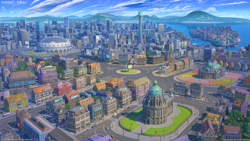 3d arsenixc blue_sky bride building car cathedral city cityscape crosswalk day highres lamppost mixed-language_commentary motor_vehicle mountainous_horizon multi-lane_road nikki_(series) no_humans ocean outdoors road scenery shining_nikki sign sky skyscraper stadium street tower tree watermark window