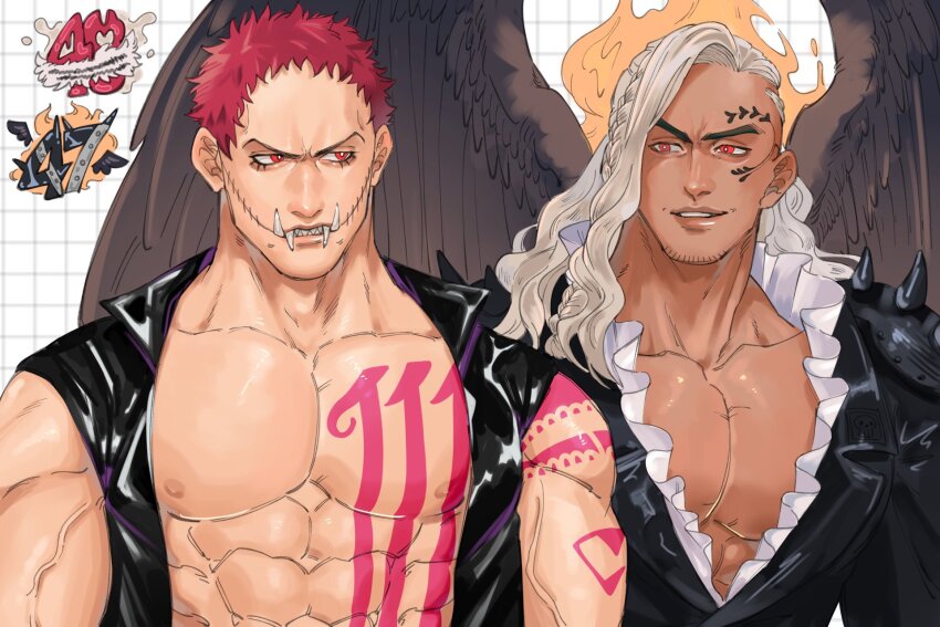 2boys abs asymmetrical_hair black_jacket black_wings braid charlotte_katakuri chest_tattoo dark_skin facial_tattoo fangs fangs_out feathered_wings fire frilled_shirt frills highres jacket king_(one_piece) large_pectorals long_hair looking_at_another male_focus multiple_boys muscular muscular_male nipples one_piece parted_lips pectorals red_eyes red_hair shirt short_hair shoulder_spikes sleeveless sleeveless_jacket smile spikes stitches tattoo upper_body veins veiny_arms white_hair white_shirt wings yato_0410