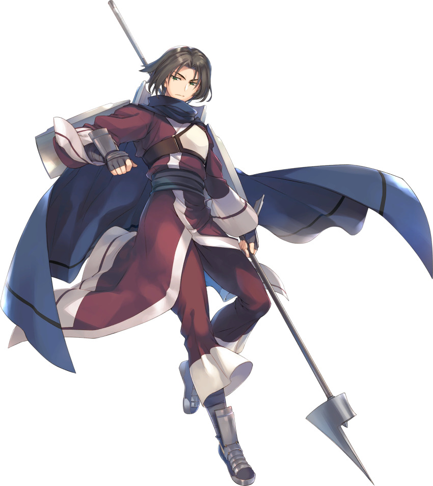 1boy amazuyu_tatsuki aquaplus armor armored_boots benawi boots brown_hair closed_mouth coat full_body gauntlets greaves green_eyes highres holding holding_polearm holding_spear holding_weapon looking_to_the_side male_focus medium_hair official_art polearm scarf serious solo spear transparent_background utawarerumono utawarerumono:_lost_flag weapon