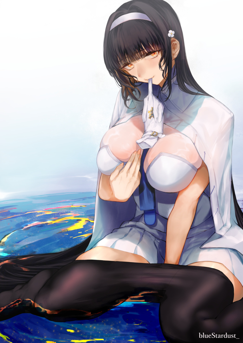 1girl artist_name between_breasts between_legs black_pantyhose breasts brown_hair closed_mouth clothes_pull commentary girls&#039;_frontline glove_in_mouth gloves hair_ornament hairband hand_between_legs highres kojima_(blue_stardust) large_breasts long_hair looking_at_viewer mouth_hold orange_eyes pantyhose pantyhose_pull partially_submerged pleated_skirt simple_background skirt solo type_95_(girls&#039;_frontline) water white_background white_gloves white_hairband white_skirt