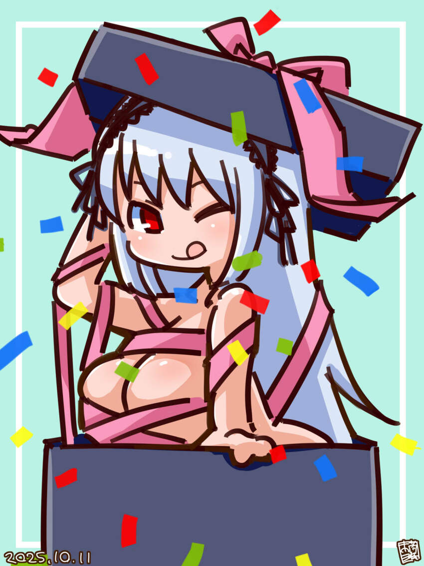 1girl :q alternate_breast_size_(larger) blue_background blush box breasts closed_mouth commentary_request confetti dated gift gift_box grey_hair highres in_box in_container itini-sanshi large_breasts long_hair looking_at_viewer naked_ribbon one_eye_closed pink_ribbon red_eyes ribbon rozen_maiden smile solo suigintou tongue tongue_out upper_body