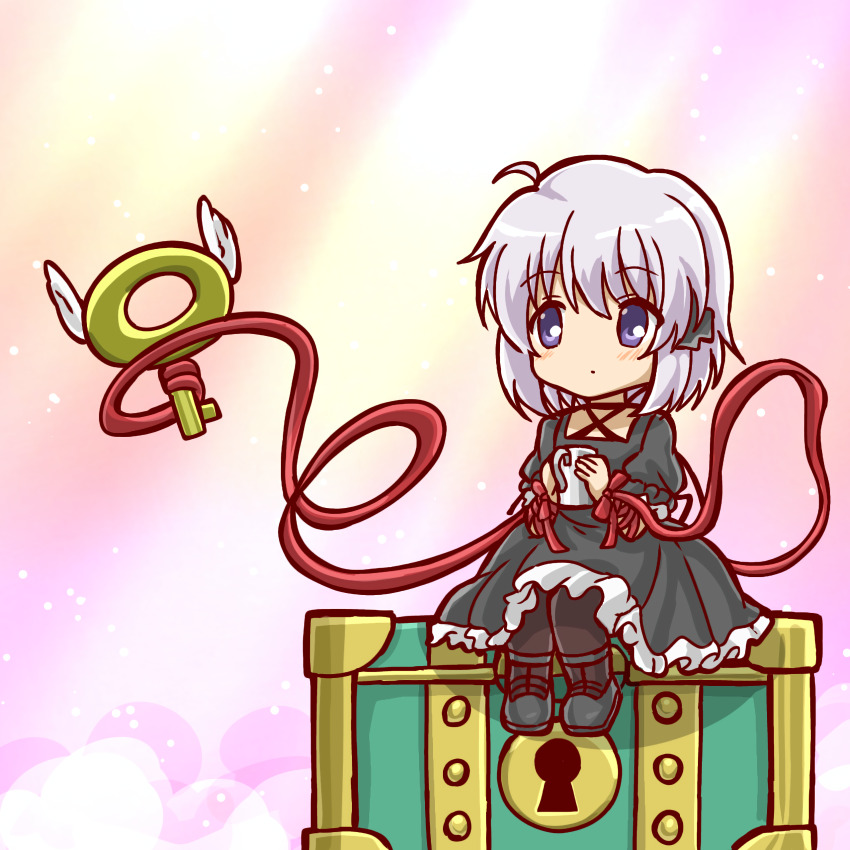 1girl absurdres arm_ribbon black_dress chest_(furniture) crossover donkey_kong_(series) dress hair_ornament highres kagari_(rewrite) looking_at_viewer marihei64ds mario_(series) mario_vs._donkey_kong nintendo purple_eyes red_ribbon rewrite ribbon short_hair short_sleeves solo treasure_chest white_hair