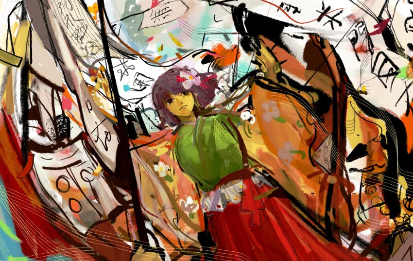 1girl bow chapannnnn colored_skin cowboy_shot floating_hair floral_print flower frilled_kimono frills green_kimono hair_flower hair_ornament hair_ribbon hakama hakama_skirt haori hieda_no_akyuu highres jacket japanese_clothes kimono long_sleeves orange_jacket outstretched_arms pink_flower purple_hair red_bow red_hakama red_ribbon ribbon scroll short_hair sketch skirt solo standing touhou waist_bow white_background wide_sleeves yellow_skin