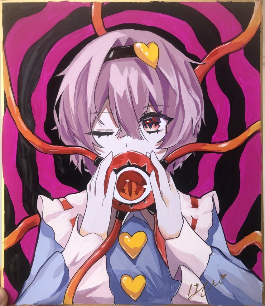 1girl blue_shirt buttons commentary_request covered_mouth crossed_bangs double-parted_bangs eyeball eyes_visible_through_hair fingernails frilled_shirt_collar frilled_sleeves frills hair_between_eyes hair_intakes hair_ornament hairband hands_up heart heart_button heart_hair_ornament highres holding_eyeball izumino_820 komeiji_satori long_sleeves one_eye_closed pink_eyes purple_background purple_hair ribbon-trimmed_collar ribbon_trim shirt short_hair signature simple_background sleeves_past_wrists solo third_eye touhou traditional_media upper_body wide_sleeves