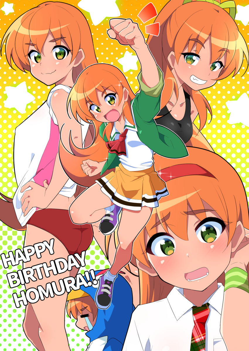 1girl absurdres akai_homura animal_costume ascot collared_shirt full_body green_eyes green_jacket happy_birthday hibikino_high_school_uniform highres jacket long_hair looking_at_viewer multiple_views new_yorker_(togawa_hamasaki) open_mouth orange_hair orange_skirt penguin_costume red_ascot school_uniform shirt skirt sleeves_rolled_up smile tokimeki_memorial tokimeki_memorial_2