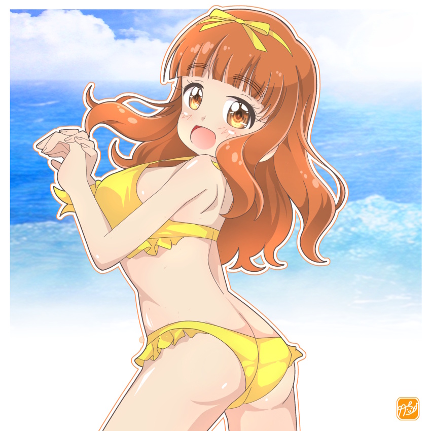1girl ass bikini blue_sky blunt_bangs breasts brown_eyes cloud commentary_request frilled_bikini frills from_behind girls_und_panzer happy_birthday highres large_breasts long_hair looking_at_viewer looking_back orange_eyes sky smile solo strap_gap swimsuit takebe_saori takecho yellow_bikini