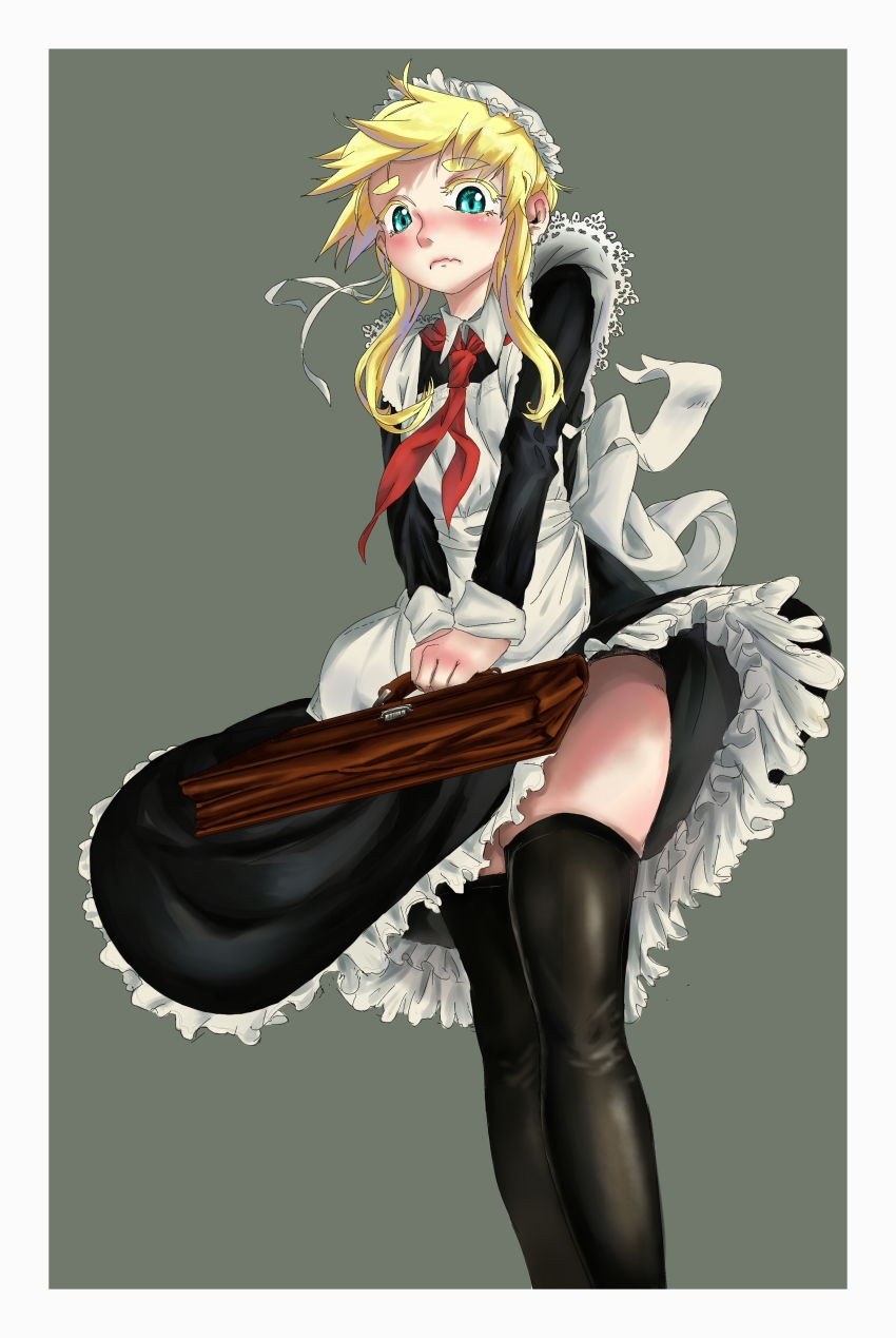 1girl absurdres apron artist_request bag black_thighhighs blonde_hair blush check_artist green_eyes grey_background highres long_hair neckerchief original red_neckerchief school_bag school_uniform shy soviet soviet_school_uniform thighhighs