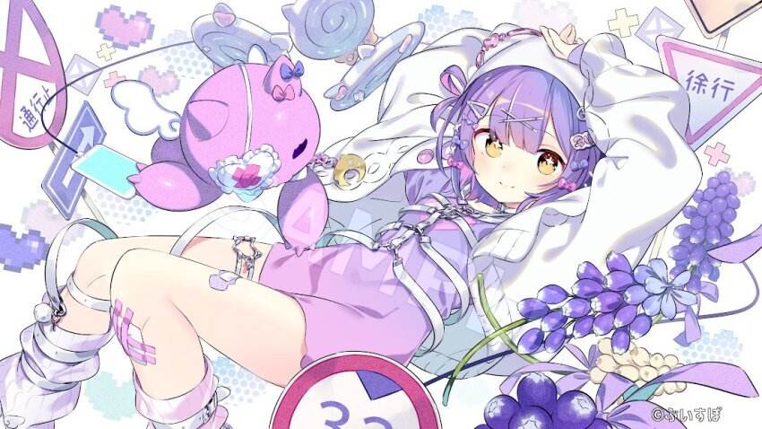 1girl animal_hat arms_up bandaid bandaid_on_leg beanie candy cardigan cat_hat chest_harness food gauze_on_knee gradient_clothes gradient_shirt hair_ornament hair_rings hairpin harness hat heart kiya_machi leg_warmers lollipop looking_at_viewer multiple_hairpins one_side_up open_cardigan open_clothes parted_bangs pixel_heart purple_hair purple_shirt road_sign sample_watermark shinomiya_runa shinomiya_runa_(4th_costume) shirt sign single_hair_ring solo stop_sign stuffed_toy swirl_lollipop too_many_hair_ornaments virtual_youtuber vspo! watermark white_cardigan white_hat x_hair_ornament yellow_eyes