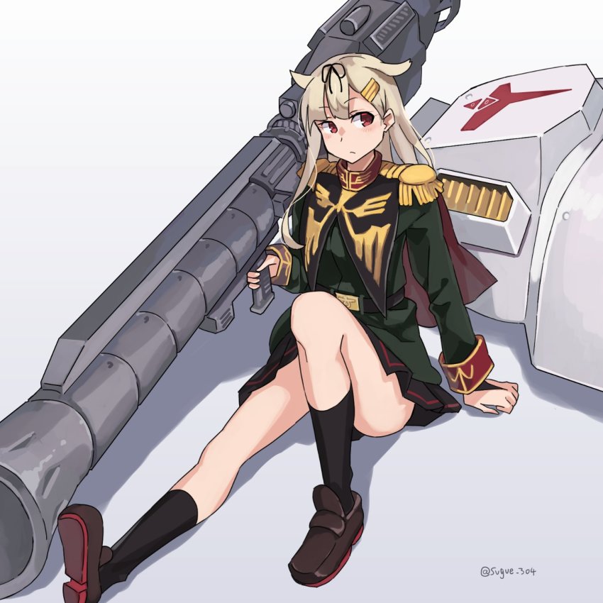 1girl alternate_costume anavel_gato anavel_gato_(cosplay) bazooka_(gundam) black_ribbon black_socks blonde_hair blush brown_shoes cosplay epaulettes gundam gundam_0083 gundam_gp-02_physalis hair_flaps hair_ornament hair_ribbon hairclip highres kantai_collection kneehighs loafers long_hair long_sleeves messy_hair military military_uniform name_connection parody red_eyes ribbon shield shoes socks solo sugue_tettou twitter_username yuudachi_(kancolle) zeon