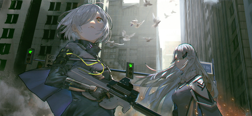 1311422471 2girls absurdres bird black_coat breasts building character_request closed_mouth coat commentary copyright_request day finger_on_trigger fingerless_gloves gloves grey_background grey_hair grey_jacket gun hair_over_one_eye highres holding holding_gun holding_weapon jacket long_hair looking_ahead medium_breasts multiple_girls one_eye_covered outdoors pigeon road_sign short_hair sign traffic_light upper_body weapon white_bird yellow_eyes