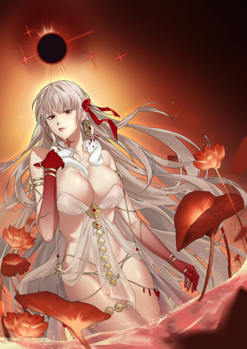 1girl absurdres armlet bare_shoulders belly_chain blush body_markings bracelet breasts cleavage collarbone colored_skin dress durga_(fate) durga_(first_ascension)_(fate) earrings fate/grand_order fate_(series) gradient_skin grey_hair hair_ribbon highres jewelry large_breasts long_hair looking_at_viewer pelvic_curtain red_eyes red_skin revealing_clothes ribbon sash shichi1802 snake solo thighs thumb_ring very_long_hair white_dress