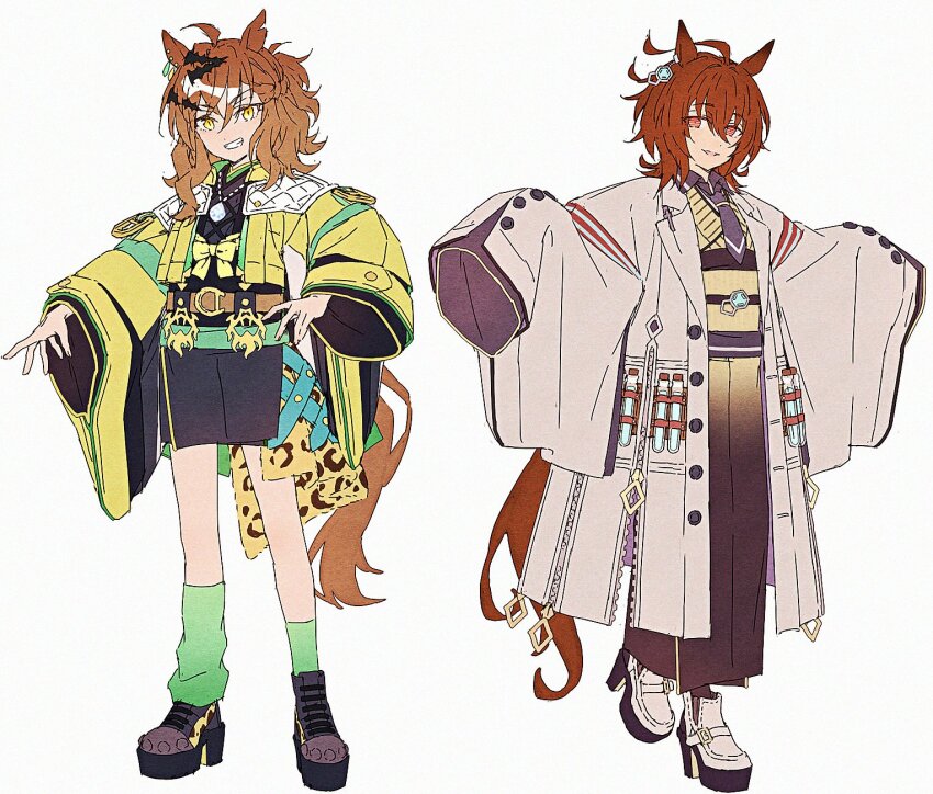 2girls agnes_tachyon_(umamusume) animal_ears asymmetrical_legwear belt black_boots black_kimono black_shirt boots braid brown_hair clenched_teeth coat collared_coat collared_shirt earrings gradient_clothes gradient_kimono hair_between_eyes hair_ornament hairclip hakusai_(tiahszld) half_up_braid half_updo high_heels highres horse_ears horse_girl horse_tail jacket japanese_clothes jewelry jungle_pocket_(umamusume) kimono lab_coat leg_warmers long_sleeves looking_at_another medium_hair multiple_earrings multiple_girls necklace notched_ear obi open_clothes open_coat open_jacket parted_lips red_eyes sash shirt simple_background sleeves_past_fingers sleeves_past_wrists smile socks standing standing_on_one_leg tail teeth umamusume uneven_legwear white_background white_boots white_coat wide_sleeves yellow_belt yellow_eyes yellow_jacket yellow_kimono yellow_leg_warmers yellow_socks yukata